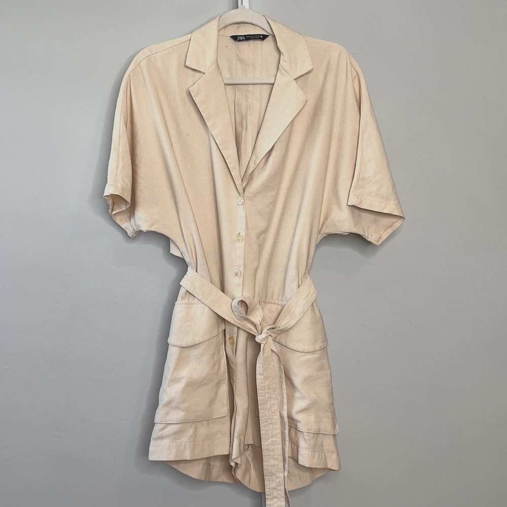 Zara Short Sleeve Belted Romper/Playsuit Open Back Cream Safari Chic Minimalist